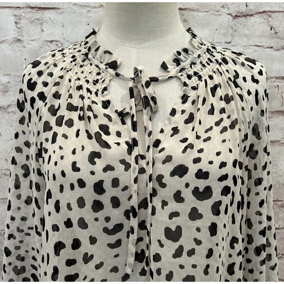 Collective Concepts Womens S Popover Blouse Ivory Cheetah Ruffle Tie Neck Sheer - Picture 3 of 6